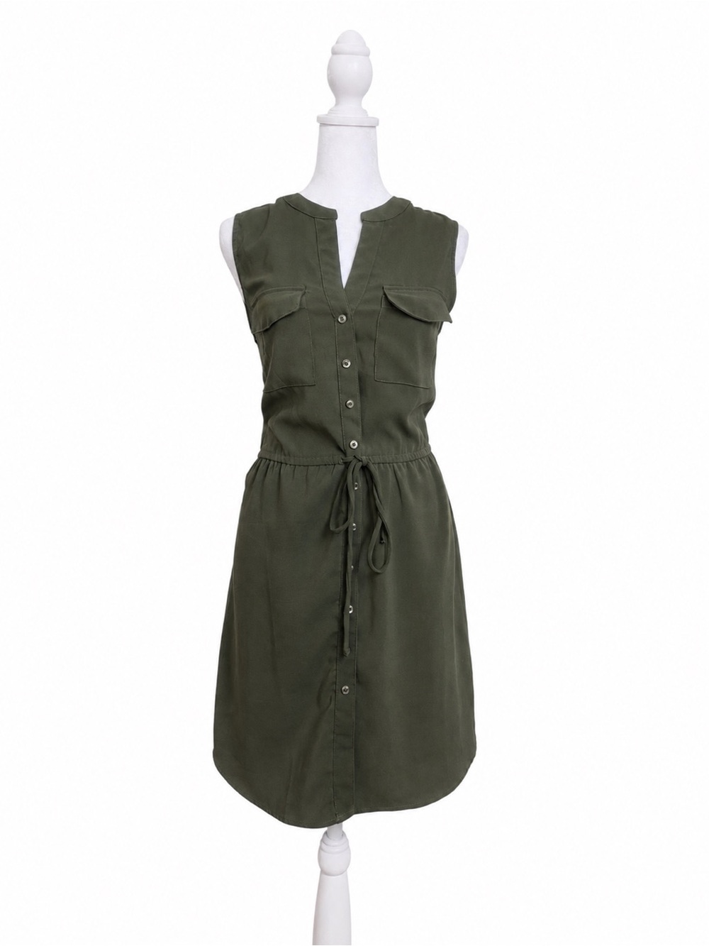 IRIS Olive Green Tie Waist Button Front Shirt Dress Size S